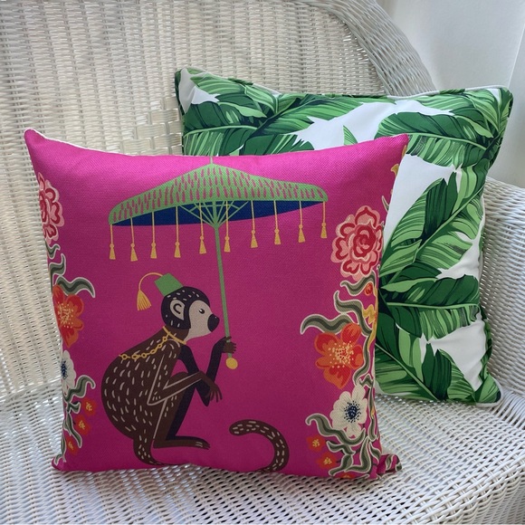 Pink Green Monkey / Blue Ginger Jars Pillow Cover w Insert 17.7” Grandmillennial - Picture 4 of 16